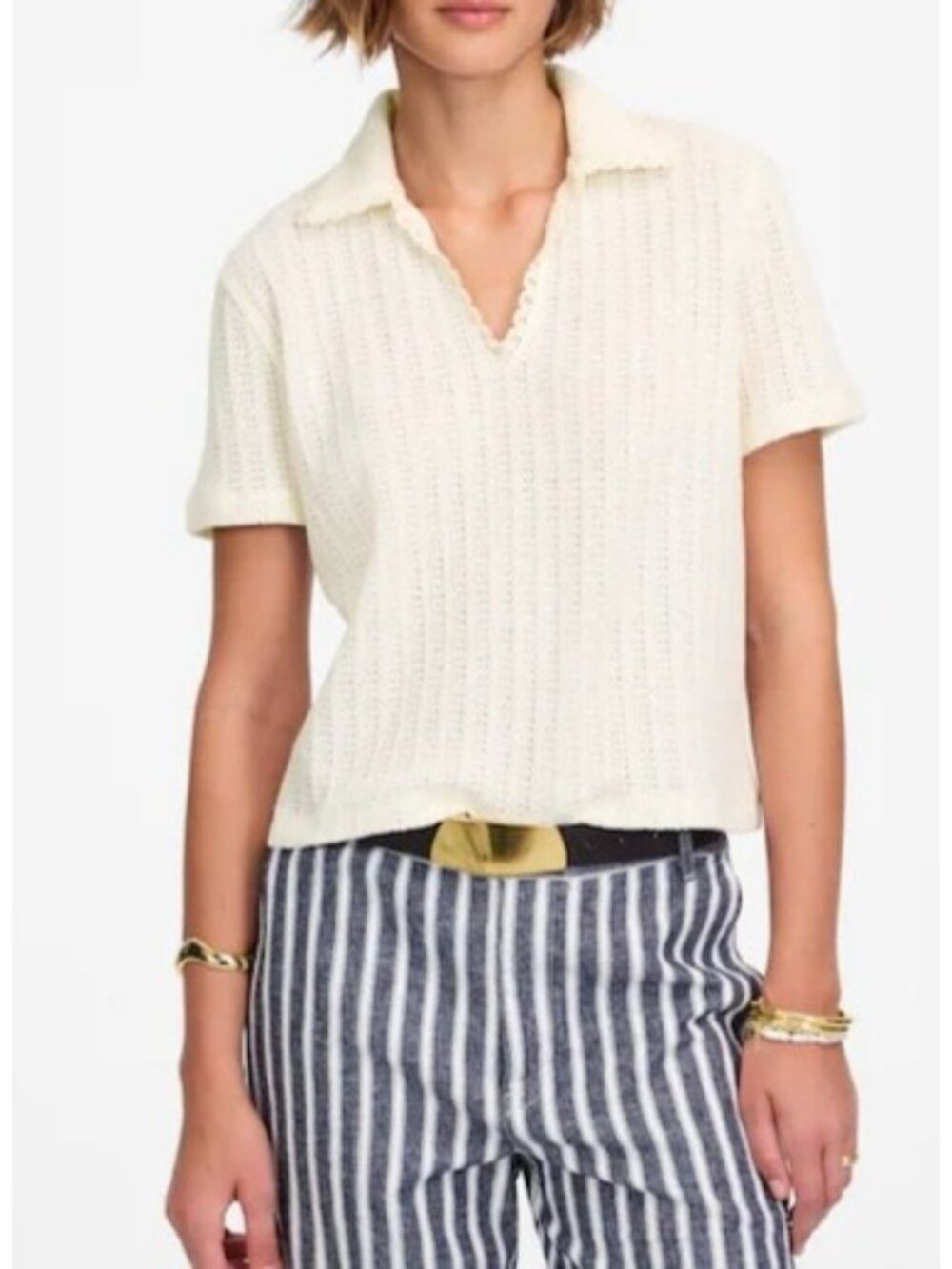 Madewell Crochet Knit Cotton Blend V-Neck Sweater Tee in Vintage Ivory XXLarge